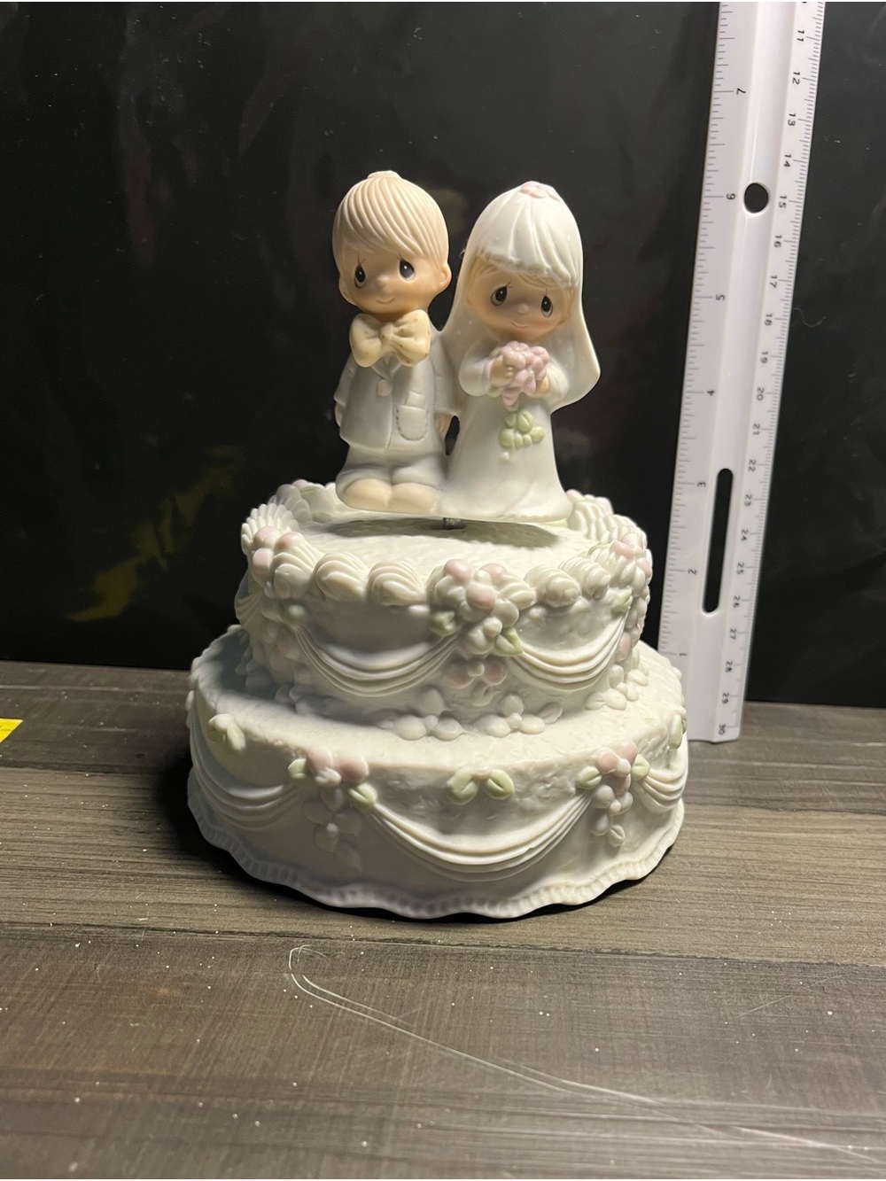 1981 Precious Moments White Porcelain Wedding Cake Figurine with Pastel Accents